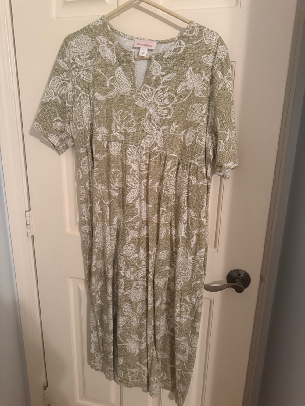 Stan Herman Olive Floral Midi Dress with Notch Neck